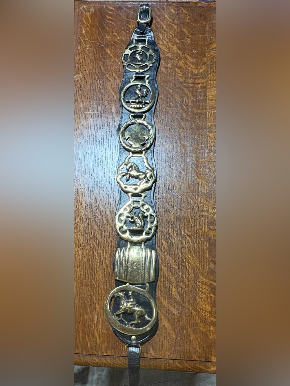 Vintage Brass Horse Medallion Leather Strap With Lot of 7. Rooster, squirrel etc
